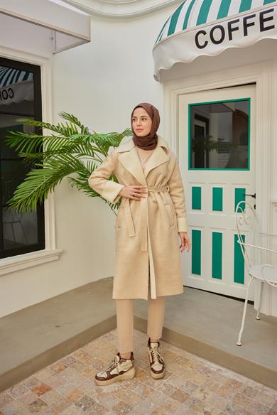 Suede Fabric Belted Coat - Beige