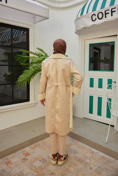 Suede Fabric Belted Coat - Beige