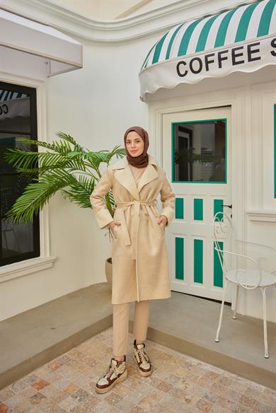 Suede Fabric Belted Coat - Beige