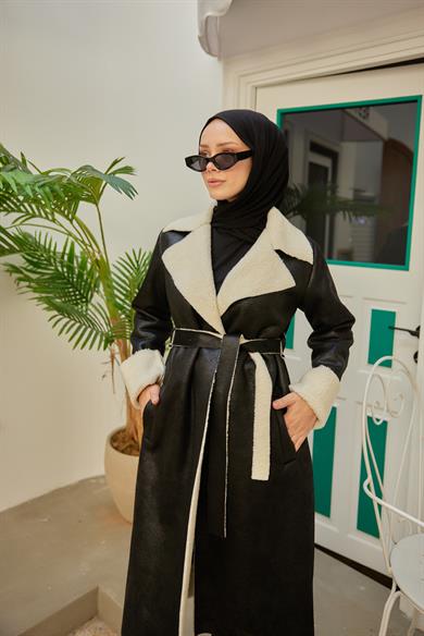 Suede Fabric Belted Coat - Black