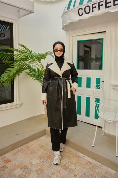 Suede Fabric Belted Coat - Black