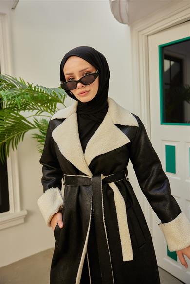 Suede Fabric Belted Coat - Black