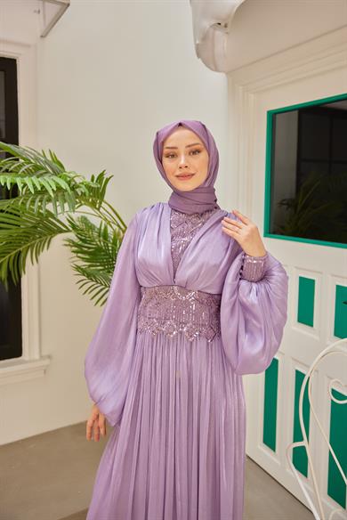 Süslemeli Pileli Abiye - Lila