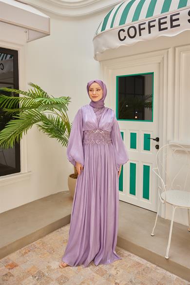 Süslemeli Pileli Abiye - Lila
