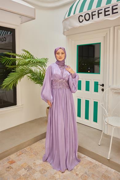 Süslemeli Pileli Abiye - Lila