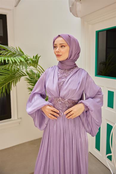 Süslemeli Pileli Abiye - Lila