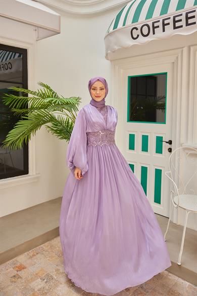 Süslemeli Pileli Abiye - Lila