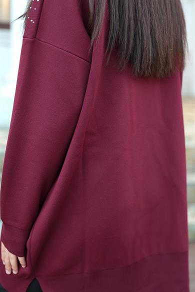 Taş Baskı İşlemeli Tunik - Bordo