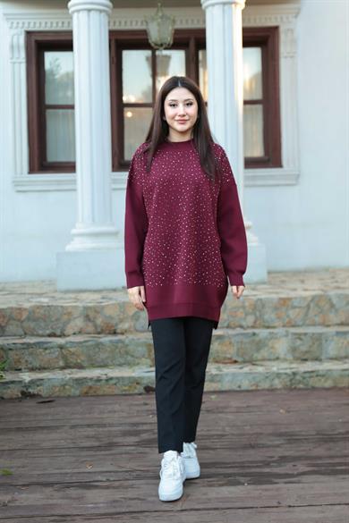 Taş Baskı İşlemeli Tunik - Bordo