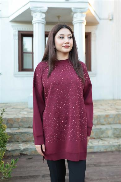 Taş Baskı İşlemeli Tunik - Bordo