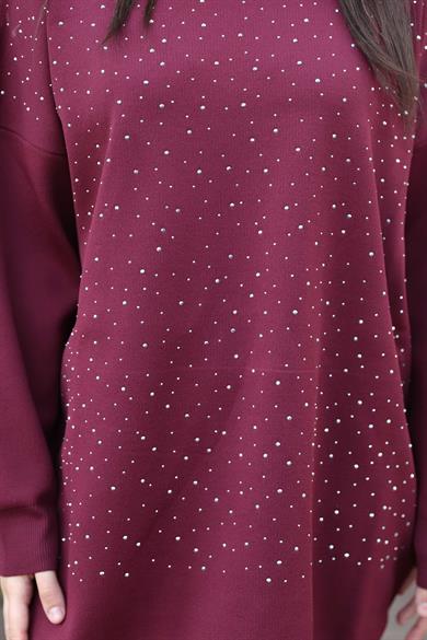 Taş Baskı İşlemeli Tunik - Bordo