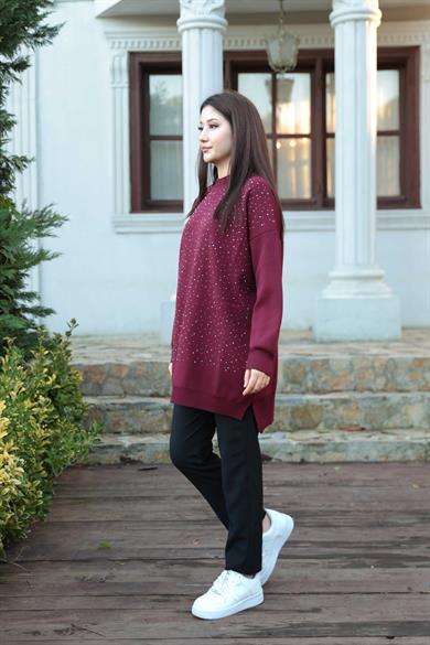 Taş Baskı İşlemeli Tunik - Bordo
