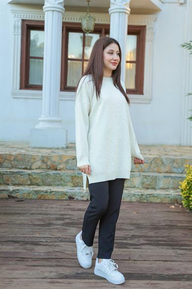 Taş Baskı İşlemeli Tunik - Ekru