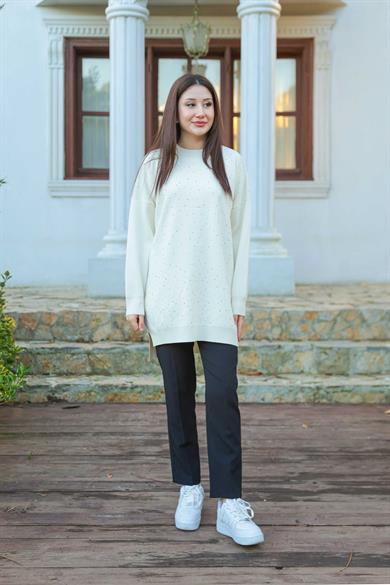 Taş Baskı İşlemeli Tunik - Ekru