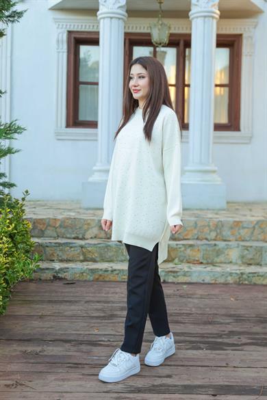 Taş Baskı İşlemeli Tunik - Ekru