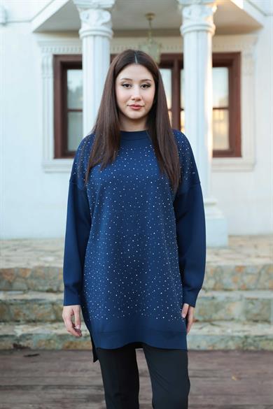 Taş Baskı İşlemeli Tunik - Lacivert