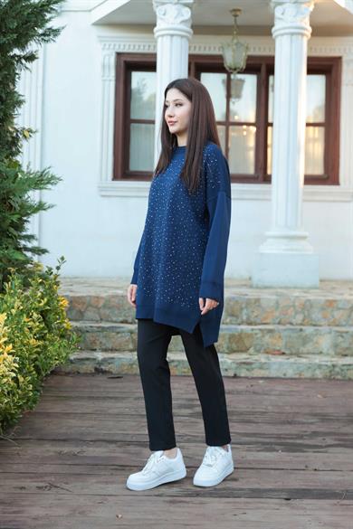 Taş Baskı İşlemeli Tunik - Lacivert