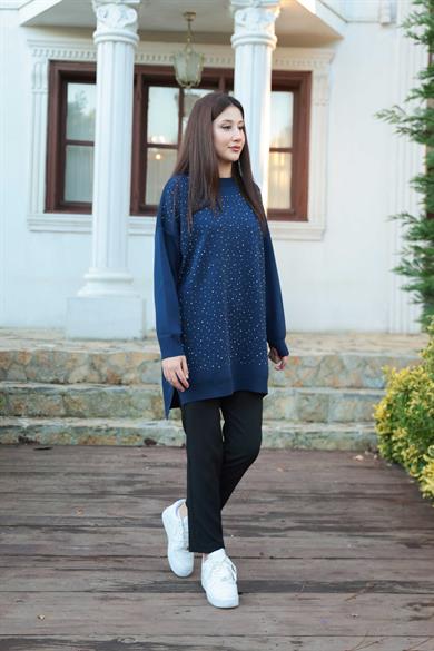 Taş Baskı İşlemeli Tunik - Lacivert