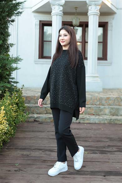 Taş Baskı İşlemeli Tunik - Siyah