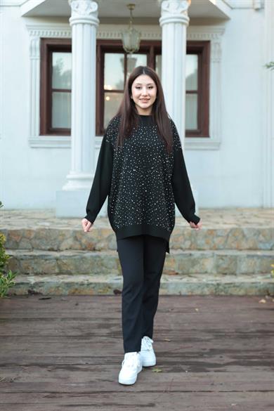 Taş Baskı İşlemeli Tunik - Siyah