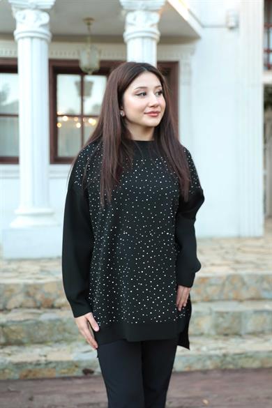 Taş Baskı İşlemeli Tunik - Siyah