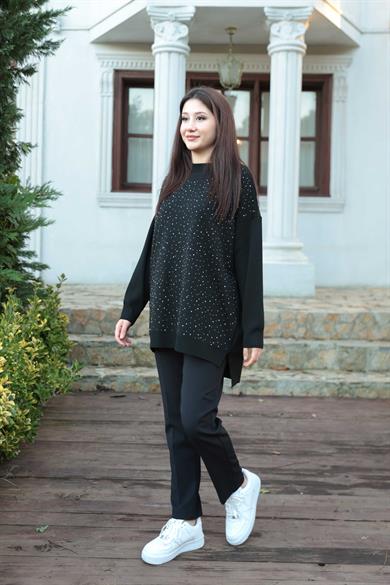 Taş Baskı İşlemeli Tunik - Siyah