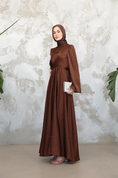 Taş Baskılı Kobe Saten Abiye - Kahverengi