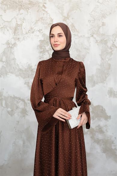 Taş Baskılı Kobe Saten Abiye - Kahverengi