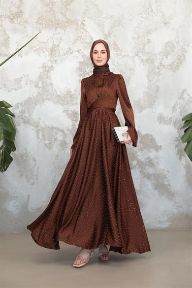 Taş Baskılı Kobe Saten Abiye - Kahverengi