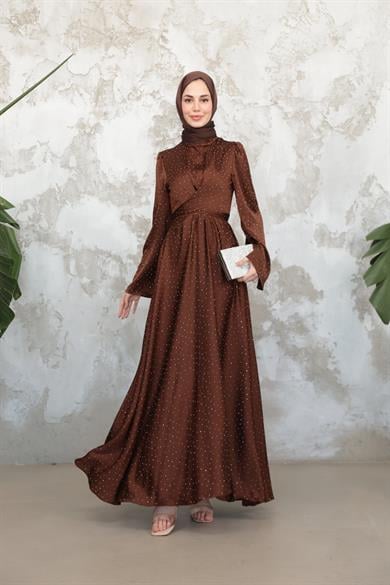 Taş Baskılı Kobe Saten Abiye - Kahverengi