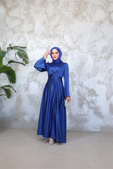 Taş Baskılı Kobe Saten Abiye - Saks Mavi