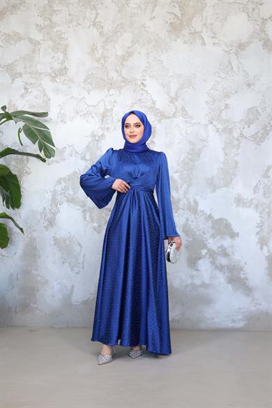 Taş Baskılı Kobe Saten Abiye - Saks Mavi
