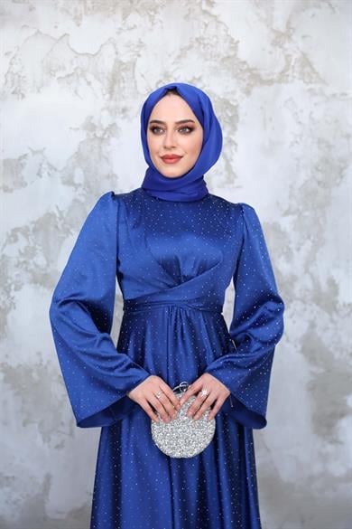 Taş Baskılı Kobe Saten Abiye - Saks Mavi