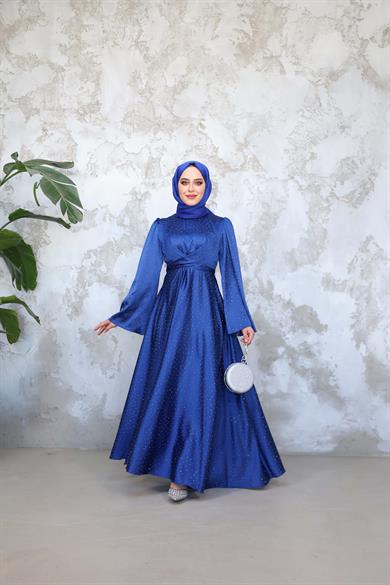 Taş Baskılı Kobe Saten Abiye - Saks Mavi