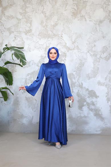 Taş Baskılı Kobe Saten Abiye - Saks Mavi