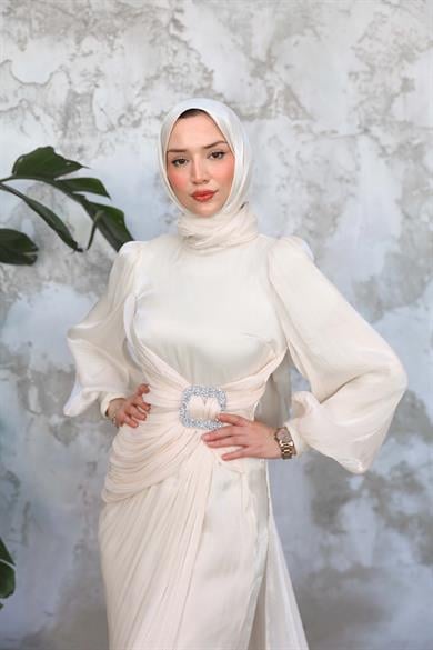 Taş İşleme Kemerli Işıltı Kumaş Abiye - Ekru