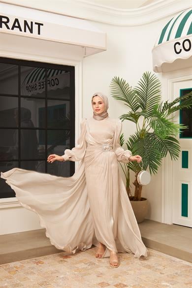 Taş İşleme Kemerli Işıltı Kumaş Abiye - Krem