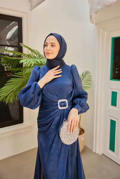 Taş İşleme Kemerli Işıltı Kumaş Abiye - Lacivert