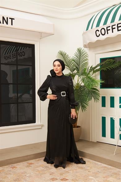 Taş İşleme Kemerli Işıltı Kumaş Abiye - Siyah