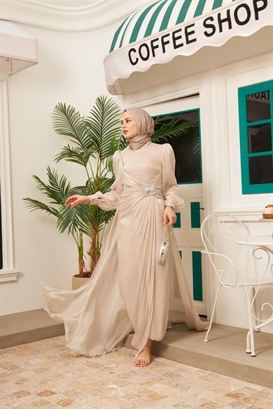 Taş İşleme Kemerli Işıltı Kumaş Abiye - Krem