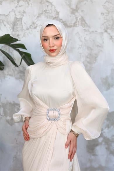 Taş İşleme Kemerli Işıltı Kumaş Abiye - Ekru