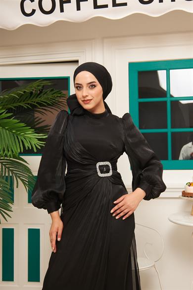 Taş İşleme Kemerli Işıltı Kumaş Abiye - Siyah