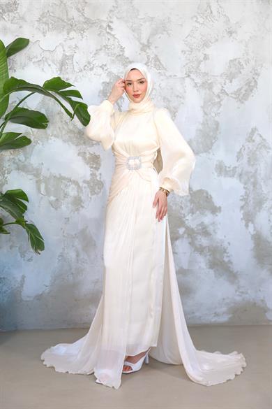 Taş İşleme Kemerli Işıltı Kumaş Abiye - Ekru