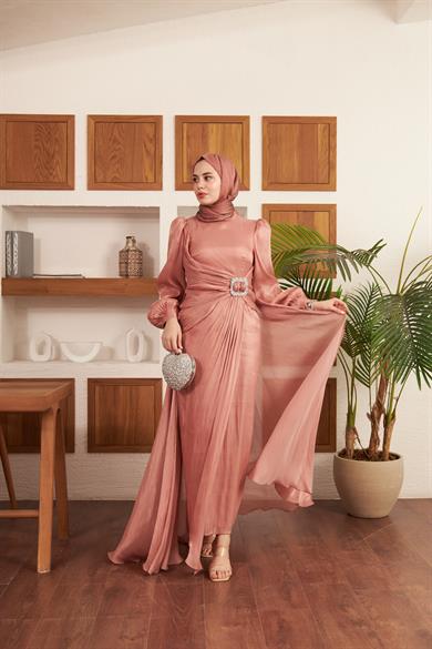 Taş İşleme Kemerli Işıltı Kumaş Abiye - Somon