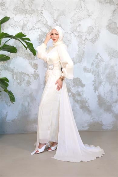 Taş İşleme Kemerli Işıltı Kumaş Abiye - Ekru