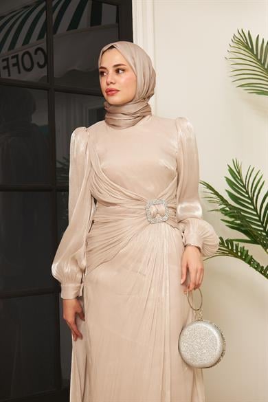 Taş İşleme Kemerli Işıltı Kumaş Abiye - Krem