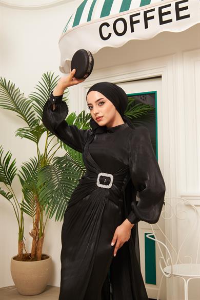 Taş İşleme Kemerli Işıltı Kumaş Abiye - Siyah