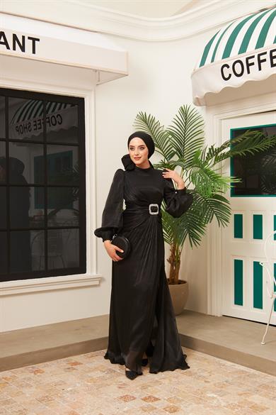 Taş İşleme Kemerli Işıltı Kumaş Abiye - Siyah