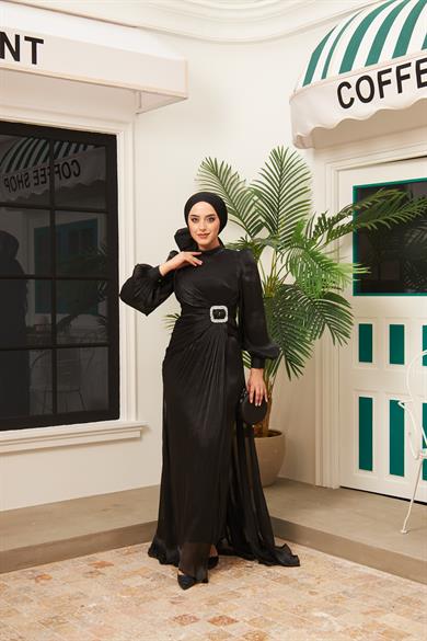 Taş İşleme Kemerli Işıltı Kumaş Abiye - Siyah