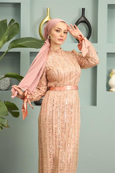 Stone Embroidered Belted Evening Dress - Beige